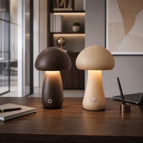 Wooden Mushroom LED Desk Lamp in a workspace