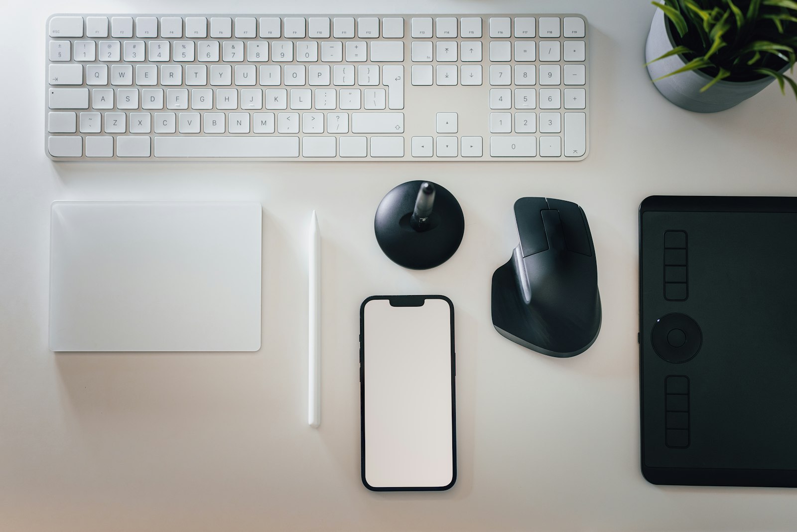 Tidy desk with a keyboard, mouse, phone, and a small plant