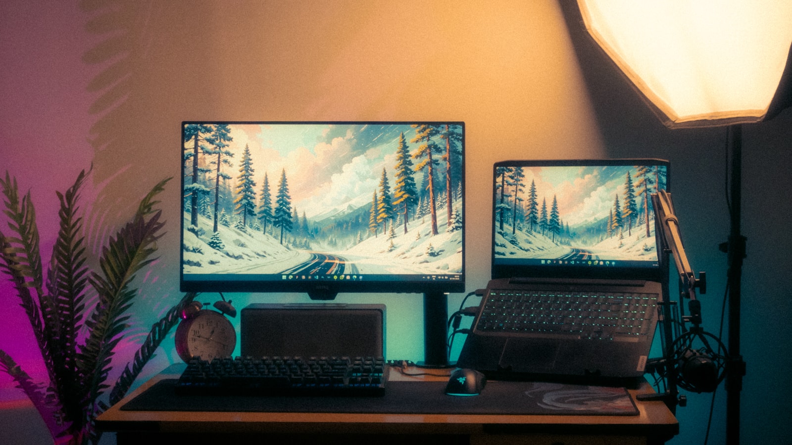Modern desk setup with two monitors positioned at eye level