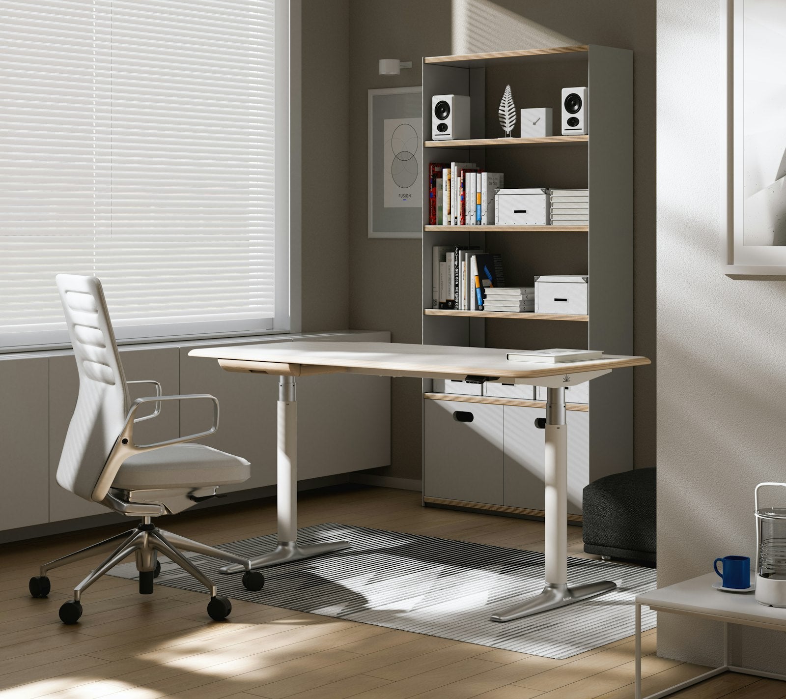 Modern home office with a wooden desk and floating wall shelves