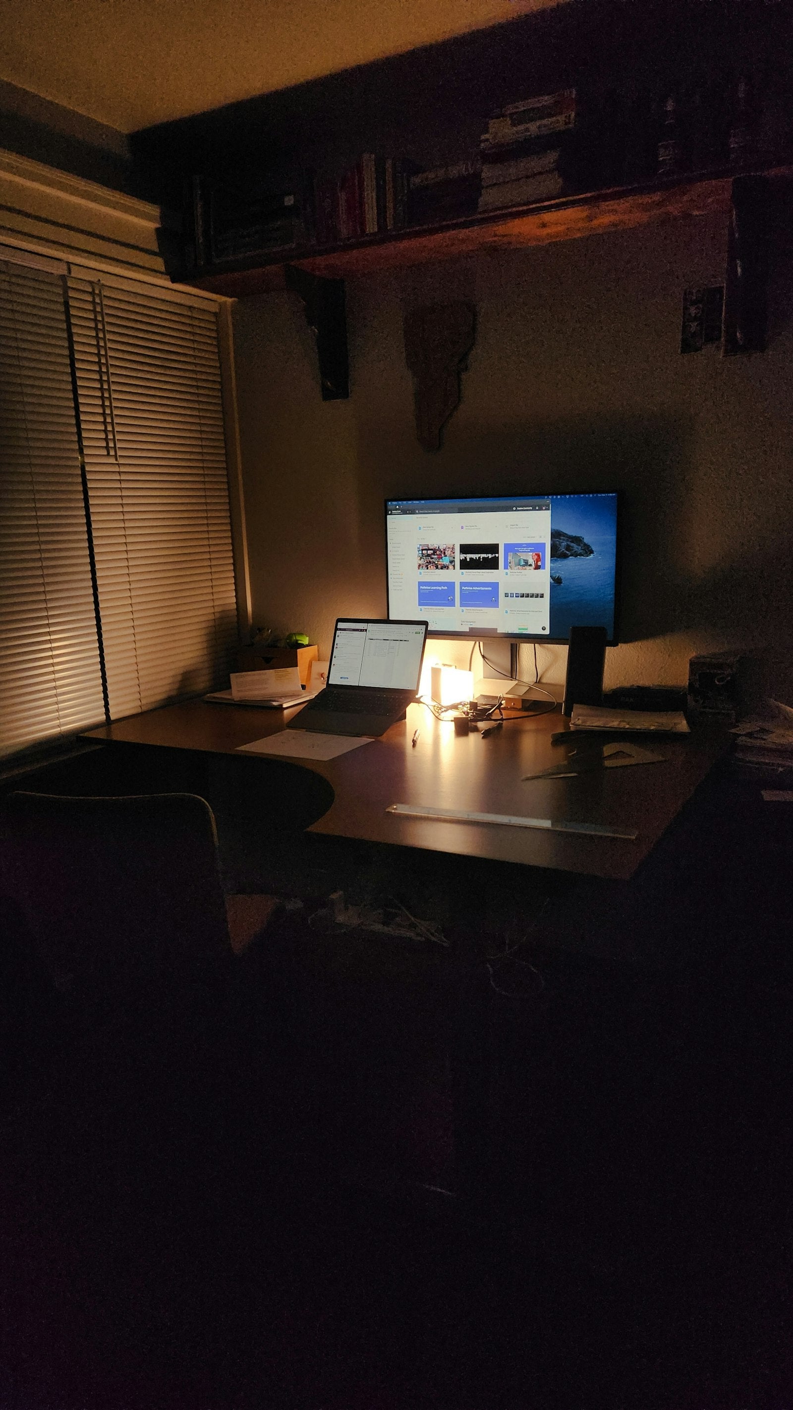 A minimalist home office with focused task lighting