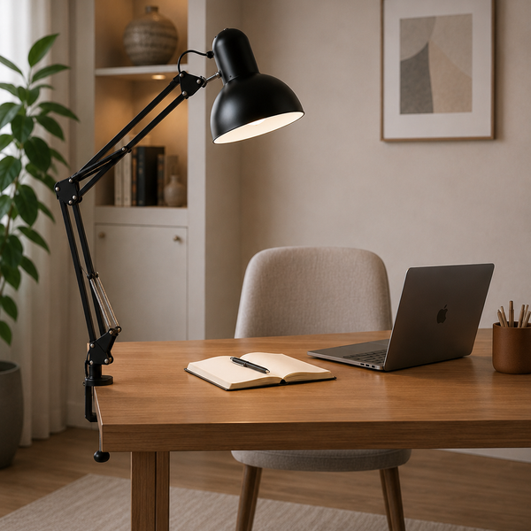 Adjustable LED Desk Lamp with Clip Base, black, in a workspace
