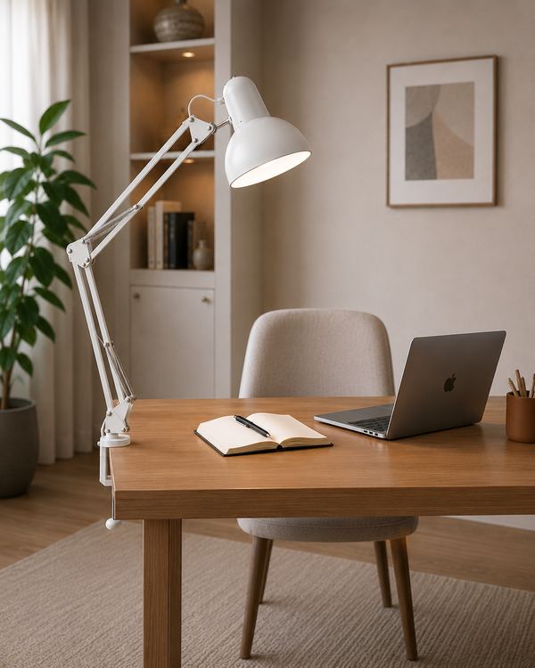 Adjustable LED Desk Lamp with Clip Base, white, in a workspace