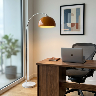 Arc - Floor Light - Marble Base Dome Shade in orange