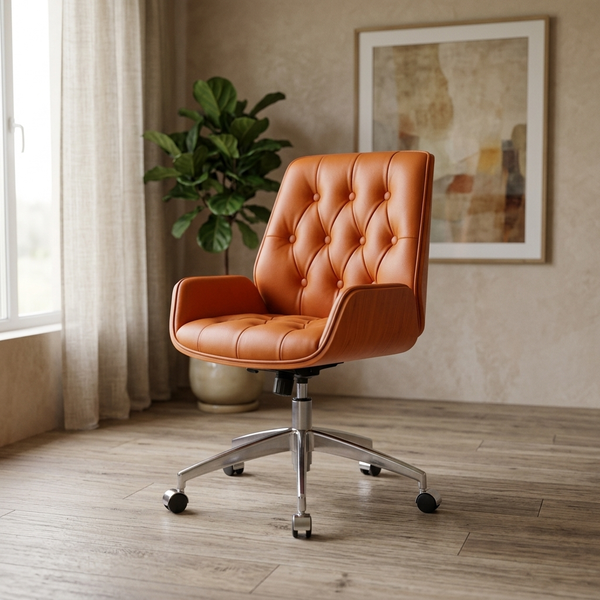Bentwood - Tufted Swivel Office Chair - Mid-Century, orange in a workspace