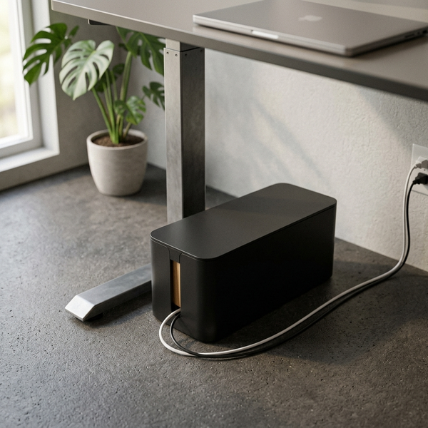 Cable Management Box, black in a workspace