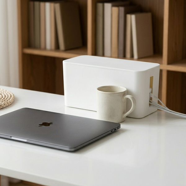 Cable Management Box, white in a workspace