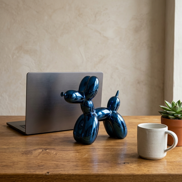 Ceramic Balloon Dog Sculpture, blue in a workspace