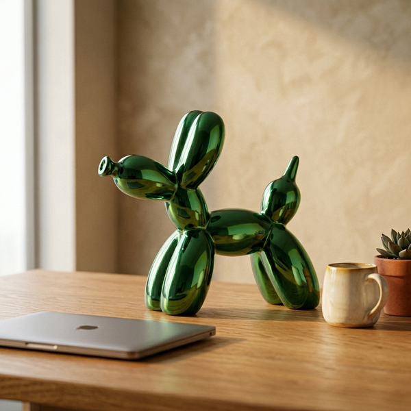 Ceramic Balloon Dog Sculpture, green in a workspace