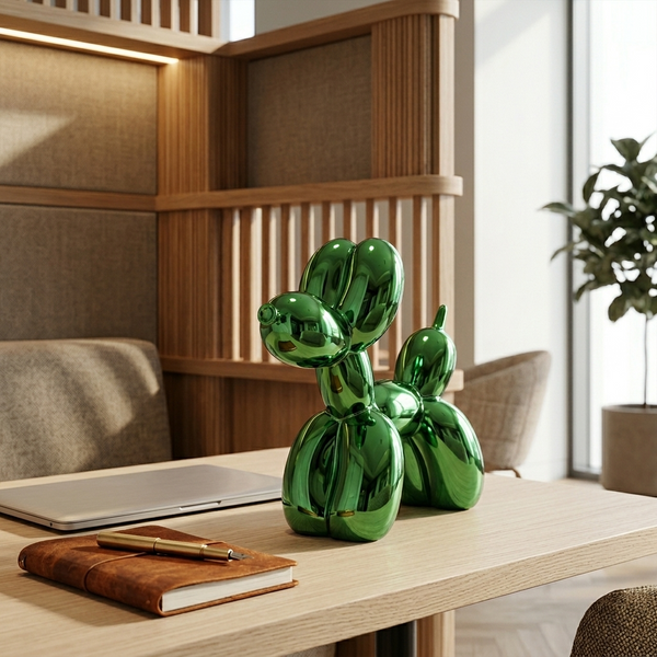 Chrome Balloon Dog Sculpture, green in a workspace