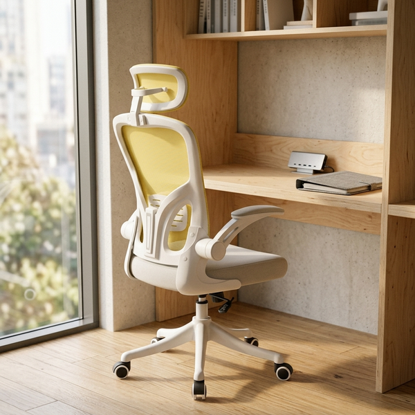 Ergonomic Mesh Office Chair with Adjustable Headrest, green in a workspace