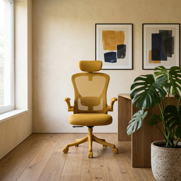 Cathedra - Ergonomic Mesh Office Chair with Adjustable Headrest, yellow in a workspace