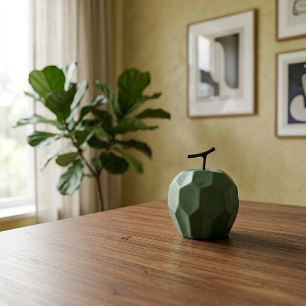 Pomum - Faceted Porcelain Apple Sculpture - Modernist Sculpture, green in a workspace
