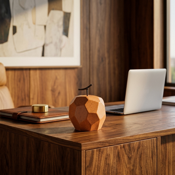 Faceted Porcelain Apple Sculpture, orange in a workspace