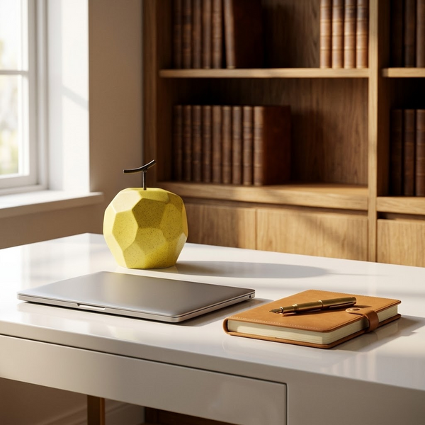 Faceted Porcelain Apple Sculpture, yellow in a workspace