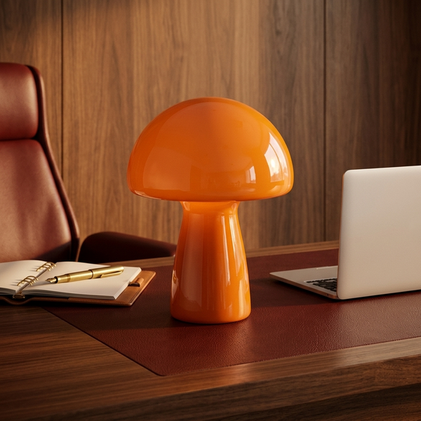 Glass Mushroom Tableside Lamp, orange in a workspace