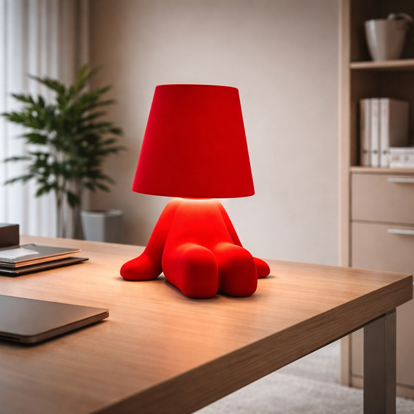 Golden Man Table Lamp Night Light, red in a workspace