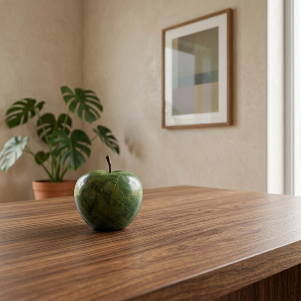 Orchard - Hand-Painted Apple Sculpture - Mid-Century Modern Accent, green in a workspace