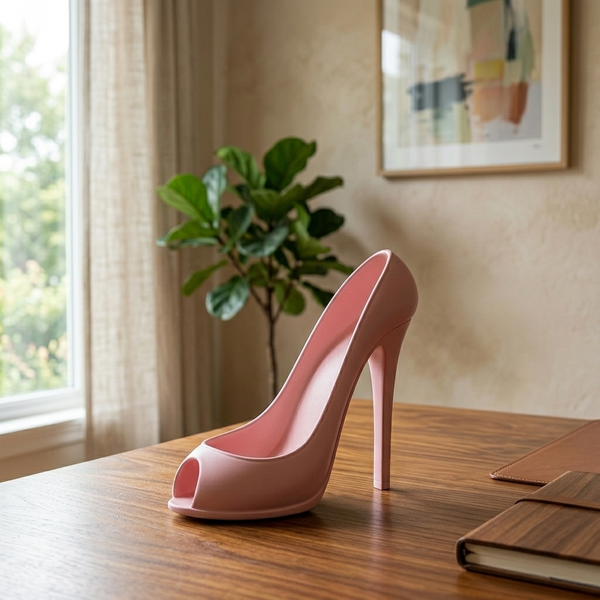 Stiletto - High Heel Wine Bottle Stand - Modern Bar Decor, pink in a workspace
