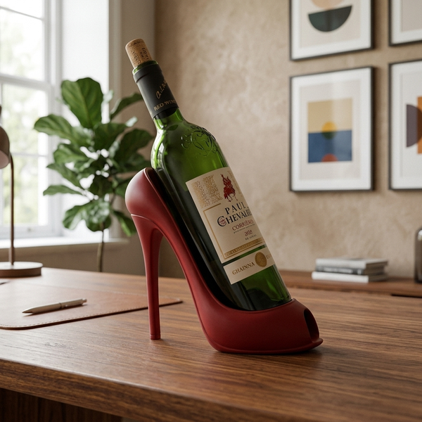 Stiletto - High Heel Wine Bottle Stand - Modern Bar Decor, red in a workspace