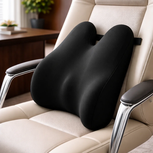 Memory Foam Lumbar Support Pillow, black in a workspace