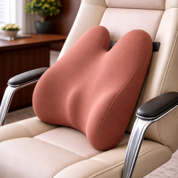 Memory Foam Lumbar Support Pillow, pink in a workspace