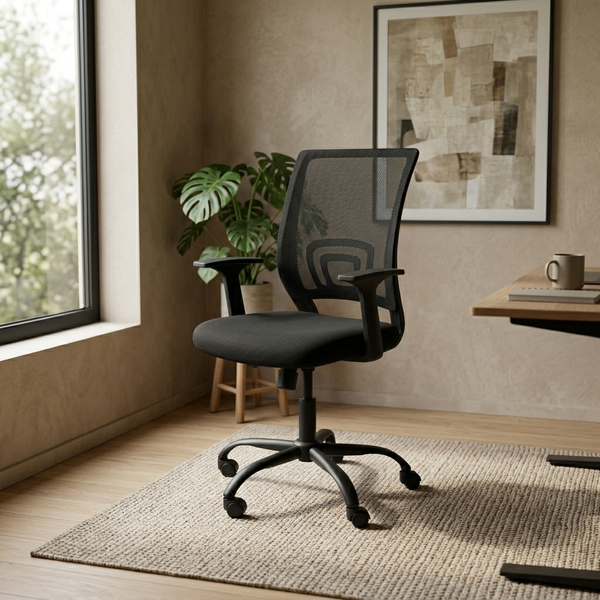 Pivot - Mesh Back Task Chair - Swivel Office Seat, black in a workspace