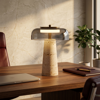 Travertine - Nordic Travertine Stone Desk Lamp - Sculptural LED with Three-Tone Dimming in gray