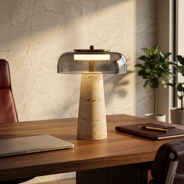 Nordic Travertine Stone Desk Lamp, gray in a workspace