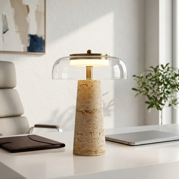 Nordic Travertine Stone Desk Lamp, white in a workspace