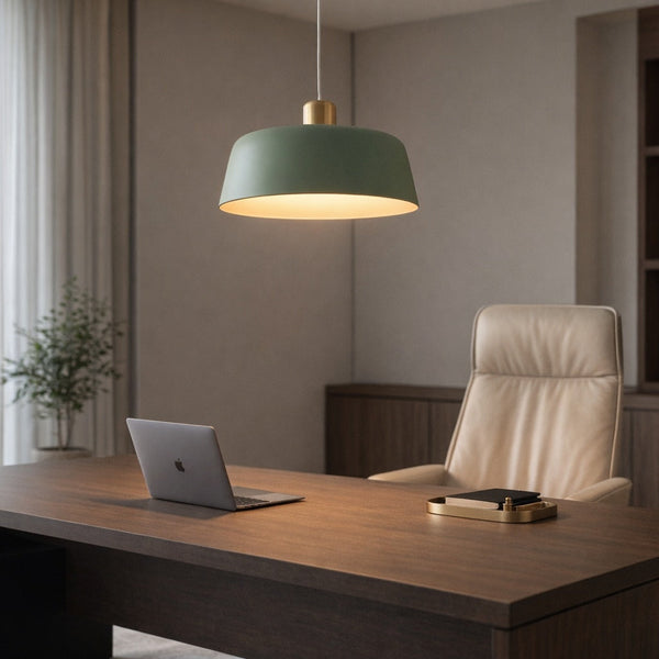 Nordic Wood Pendant Light, green in a workspace