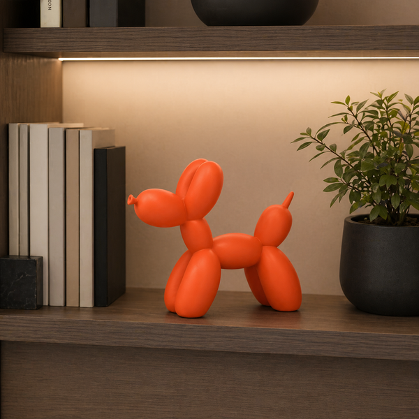Pop-Art Balloon Dog Sculpture, orange in a workspace