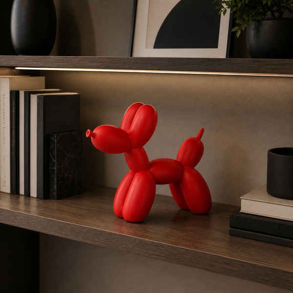 Pop-Art Balloon Dog Sculpture, red in a workspace