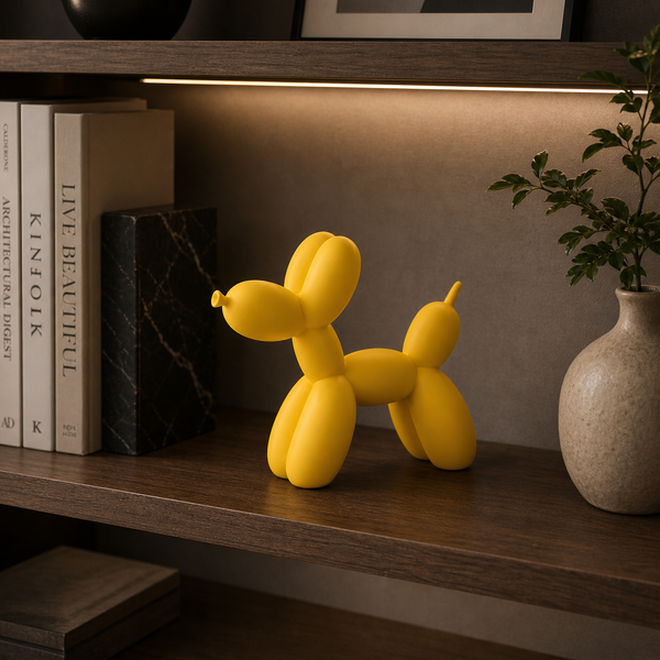 Pop-Art Balloon Dog Sculpture, yellow in a workspace