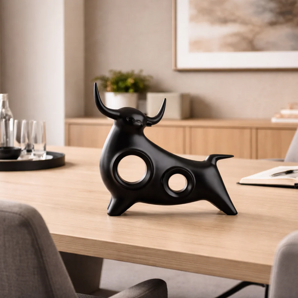 Porcelain Charging Bull Sculpture, black in a workspace