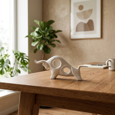 Taurus - Porcelain Charging Bull Sculpture - European-Inspired Desktop Sculpture in white