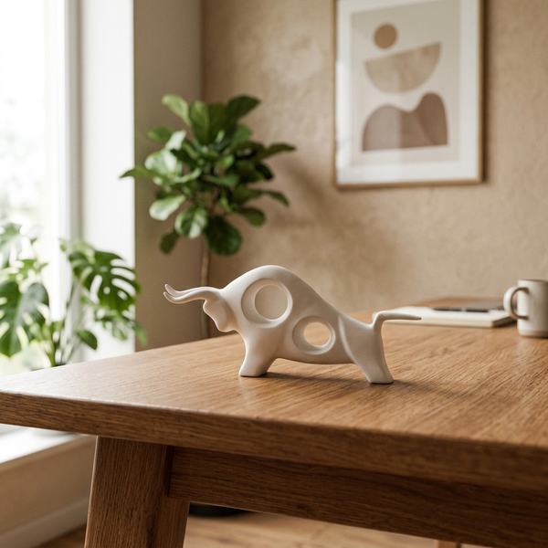Taurus - Porcelain Charging Bull Sculpture - European-Inspired Desktop Sculpture, white in a workspace