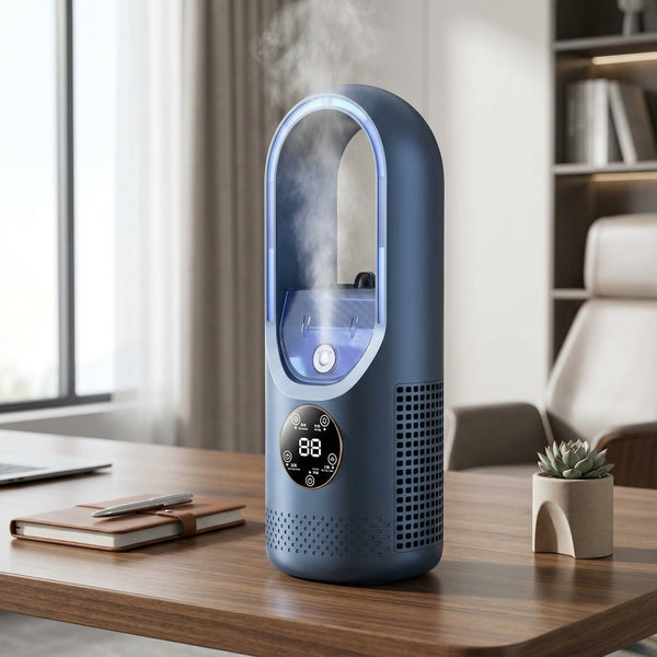 Portable Air Cooler & Humidifier, blue in a workspace