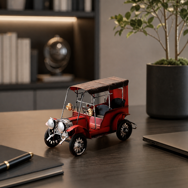 Retro Iron Classic Car Model, red in a workspace