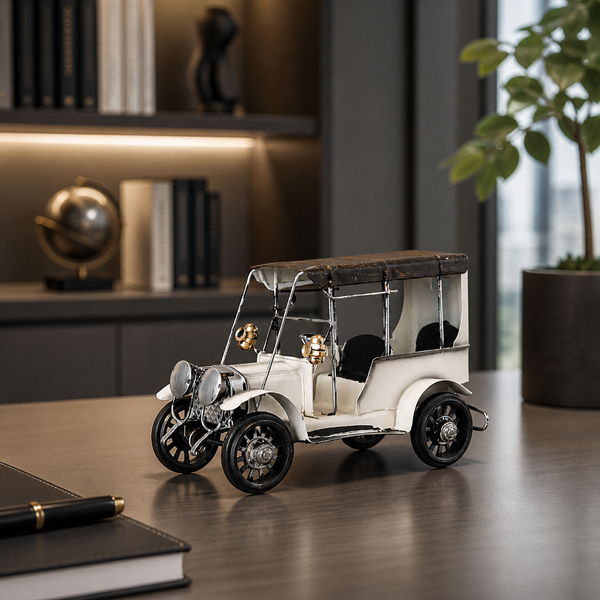 Retro Iron Classic Car Model, white in a workspace