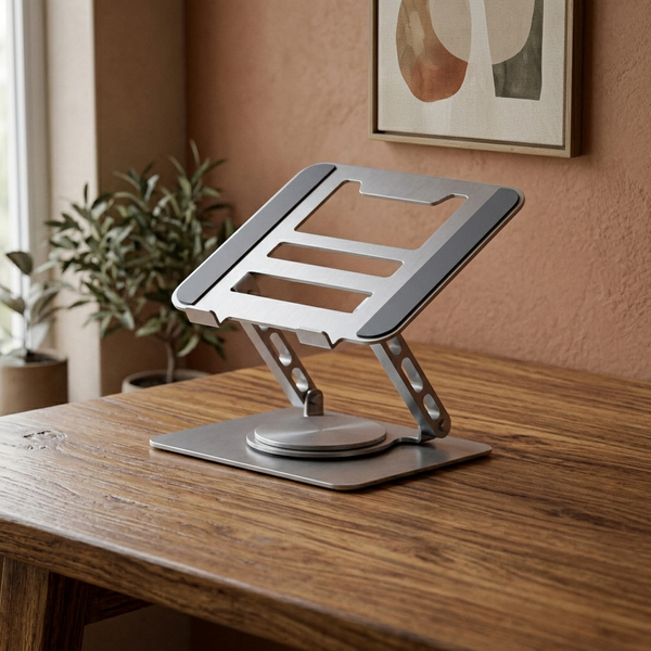 Axis - Rotating Adjustable Laptop Stand - 360 Degree Swivel Ergonomic Desk Riser, silver in a workspace