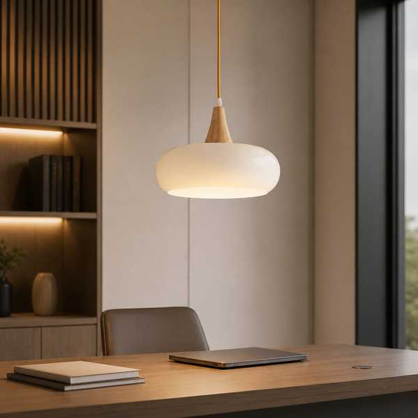 Scandinavian Wood Pendant Light, white in a workspace