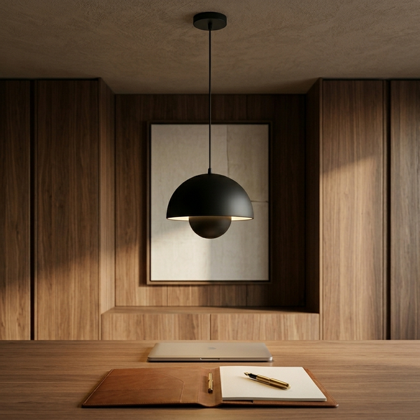Sculptural Bud Pendant, black in a workspace