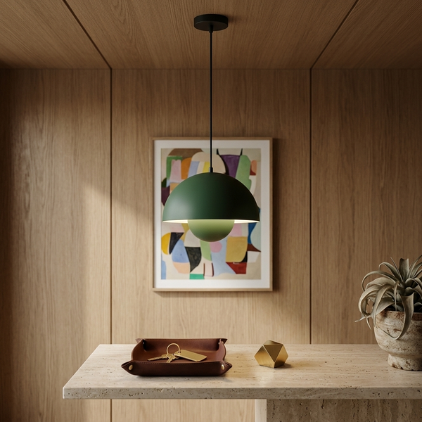 Sculptural Bud Pendant, green in a workspace