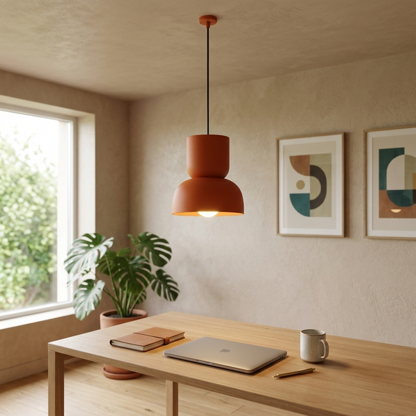 Stacked Two-Tone Pendant Light, mint-orange in a workspace