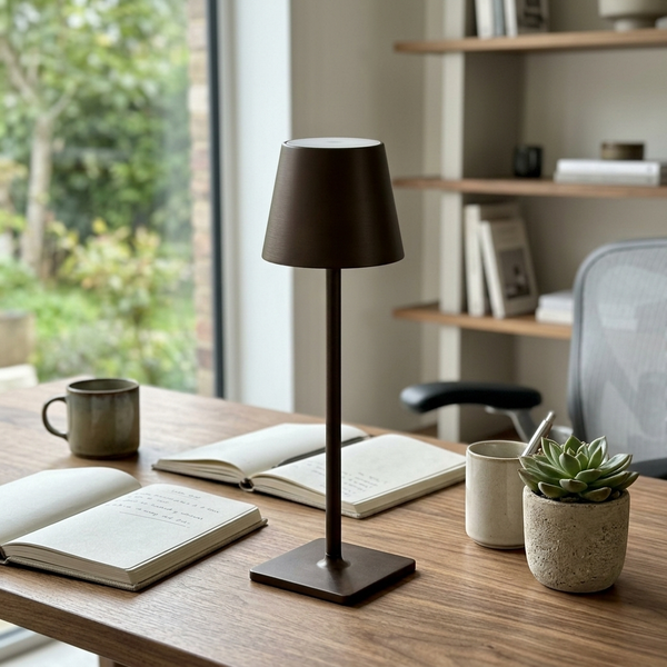 Tall Cordless Touch-Dim Lamp, brown in a workspace