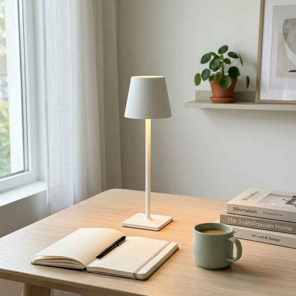 Tall Cordless Touch-Dim Lamp, white in a workspace