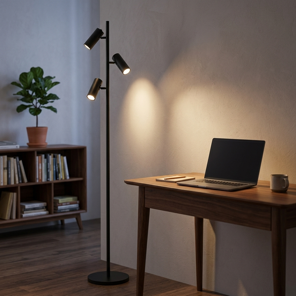 Three-Head Floor Light, black in a workspace