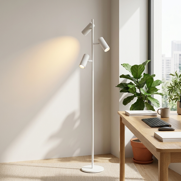 Three-Head Floor Light, white in a workspace