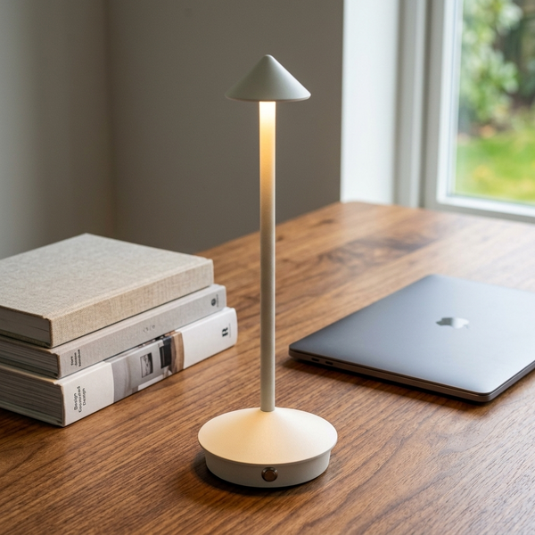 Modernist Aluminum Desk Lamp, white in a workspace